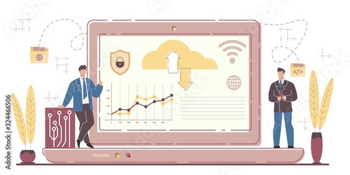 Saas System for Worldwide Business Development and Management. Businessman Partners Standing on Big Laptop and Exchanging Information via Internet. Secure Cloud Storage Service. Vector Illustration