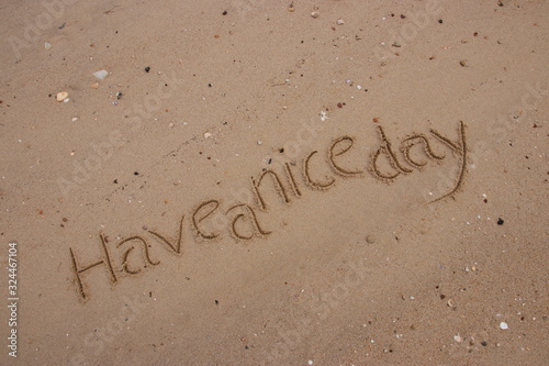 Handwriting words "Have a nice day." surrounds the dead fish on sand of beach.