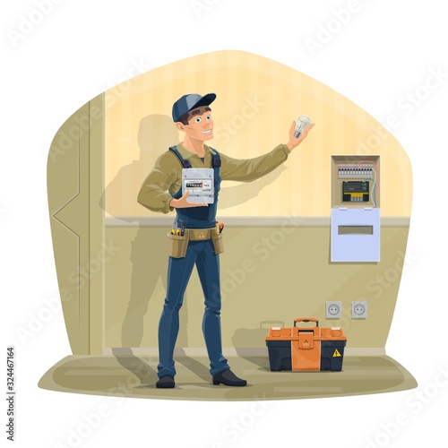Electrician with tools vector icon of electric service, repair and maintenance. Electrical worker or engineer with light bulb, cable and power equipment, toolbox, electricity meter and voltage tester