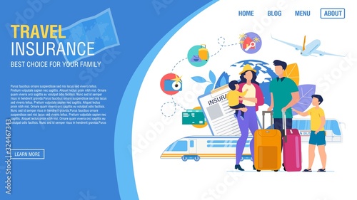 Tour Agency Landing Page Trendy Design. Online Service Offer Trip Rout Travel Insurance. Travelling by Bus, Train, Airplane Safely. Parents with Kids and Luggage. Tourists Family. Vector Illustration
