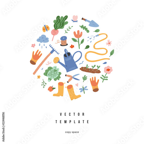 Garden gear composition, gardening tools arranged in round composition, banner template with copy space. Gardening hobby symbols, plants and flowers, hand drawn illustration, good as card
