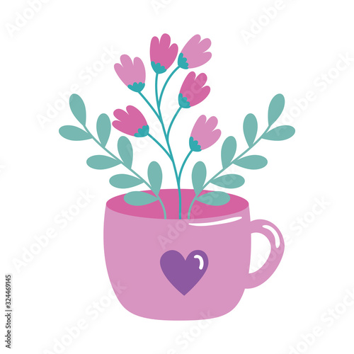 cup ceramic and branches with flowers vector illustration design