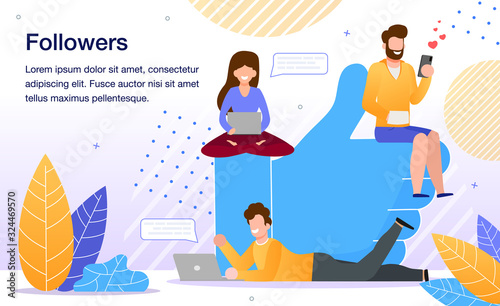 Blogger Audience, Popularity in Social Network, Channel Followers or Subscribers Banner, Poster. Users, Men and Woman Using Laptop and Smartphone, Commenting Content Trendy Flat Vector Illustration