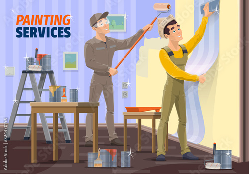 Painting and wallpapering service vector design of interior design and home renovation. House painter painting wall and decorator applying wallpaper with paint roller, smoothing scraper, glue, brush