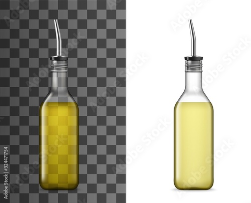 Bottle with pourer 3d vector mockups. Olive and sunflower oil, vinegar, sauce and seasonings glass container templates with drizzle spout, dispenser lid or plug, cooking ingredients glassware design