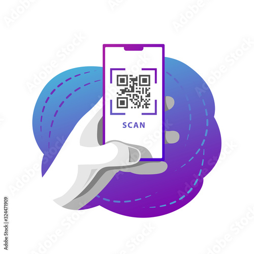 Male hand holds a phone with QR code scan screen. Vector isolated sticker with QR code payment on smartphone.