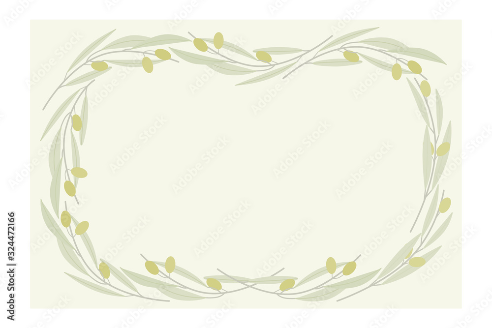 Olive frame with olive branches for the design of Italian cuisine or for food or cosmetic products packaging wrapper, wedding, invitation cards, postcard. Vector illustration Olive frame with olive branches for the design of Italian cuisine or for food or cosmetic products packaging wrapper, wedding, invitation cards, postcard. Vector illustration