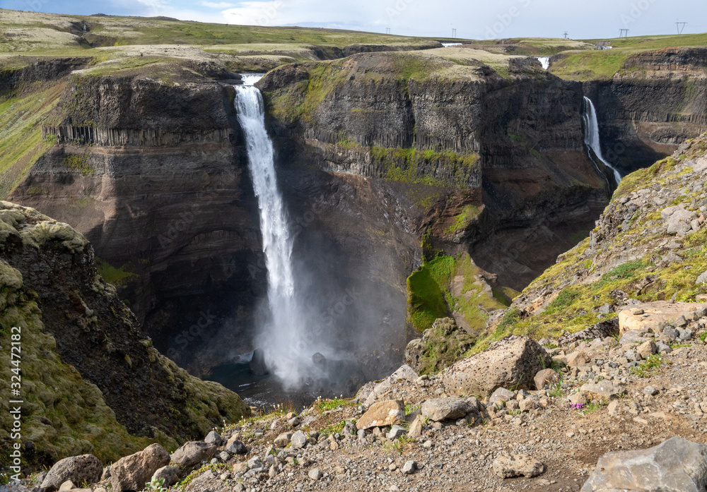 View of the landscape of the Haifoss waterfall in Iceland.