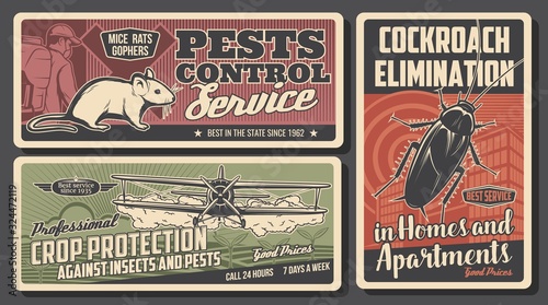 Pest control service vector design of home and crop protection against insect, bug and rodent. Exterminator with insecticide sprayer, cockroach, rat and mouse, crop dusting from agricultural aircraft