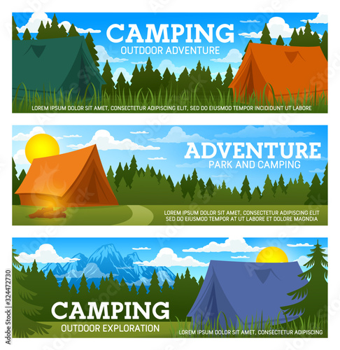 Summer camp, forest and mountain adventure vector banners of travel and camping design. Tourist tent, campfire, green trees and grass, outdoor exploration, hiking, trekking or scout trip themes