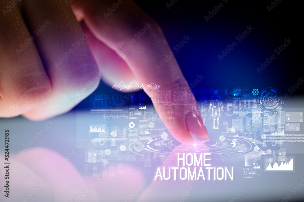 Finger touching tablet with web technology icons and HOME AUTOMATION inscription Finger touching tablet with web technology icons and HOME AUTOMATION inscription