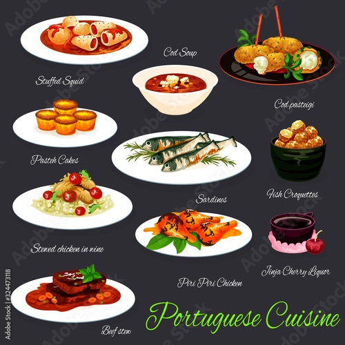 Portuguese food vector design of grilled sardines, fish soup and croquettes, stuffed squid, beef stew and piri-piri chicken, custard tart, rice with chicken stewed in wine, cherry liquor, cod fritters