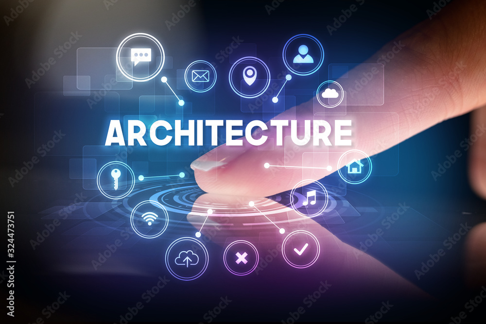 Finger touching tablet with web technology icons and ARCHITECTURE inscription, web technology concept Finger touching tablet with web technology icons and ARCHITECTURE inscription, web technology concept