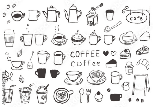 コーヒーやスイーツの手描きイラストセット