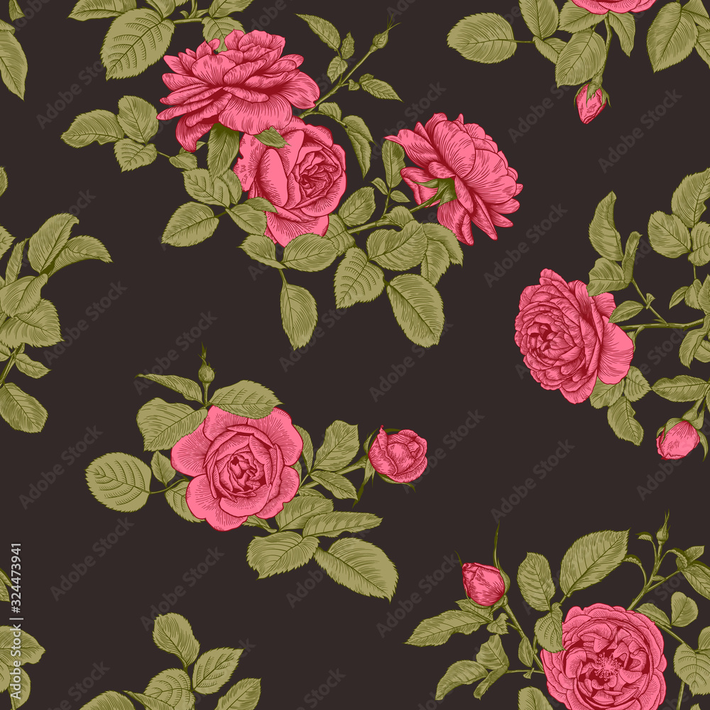 Vintage print with roses. Floral vector illustration. Dark seamless pattern. Colorful.