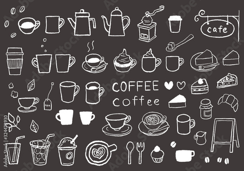 コーヒーやスイーツの手描きイラストセット