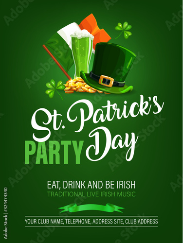 St Patricks Day holiday party vector design of Irish pub poster. Leprechaun hat, green beer mug, shamrock or clover leaves, lucky gold coins and flag of Ireland, invitation of Patrick Day celebration