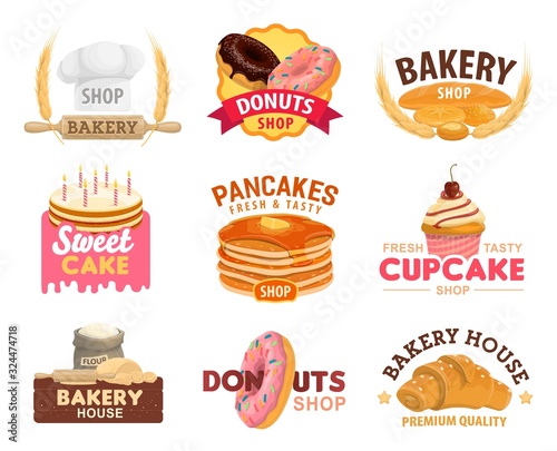Bakery and pastry shop vector icons. Wheat bread, baguette and croissant, cake, cupcake, donuts and pancakes, flour and dough with chocolate, cream and glaze, decorated with baker hat and rolling pin