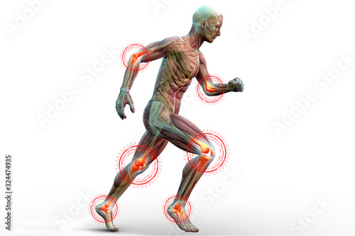 Joint pain in humans, anatomical vision. 3d illustration.