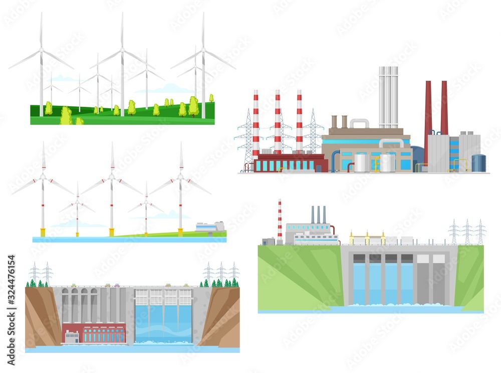 Power plants of wind, water and thermal energy generation vector icons of electricity industry design. Turbines, hydroelectric eco power plant and coal fired station with pipes and transmission towers Power plants of wind, water and thermal energy generation vector icons of electricity industry design. Turbines, hydroelectric eco power plant and coal fired station with pipes and transmission towers