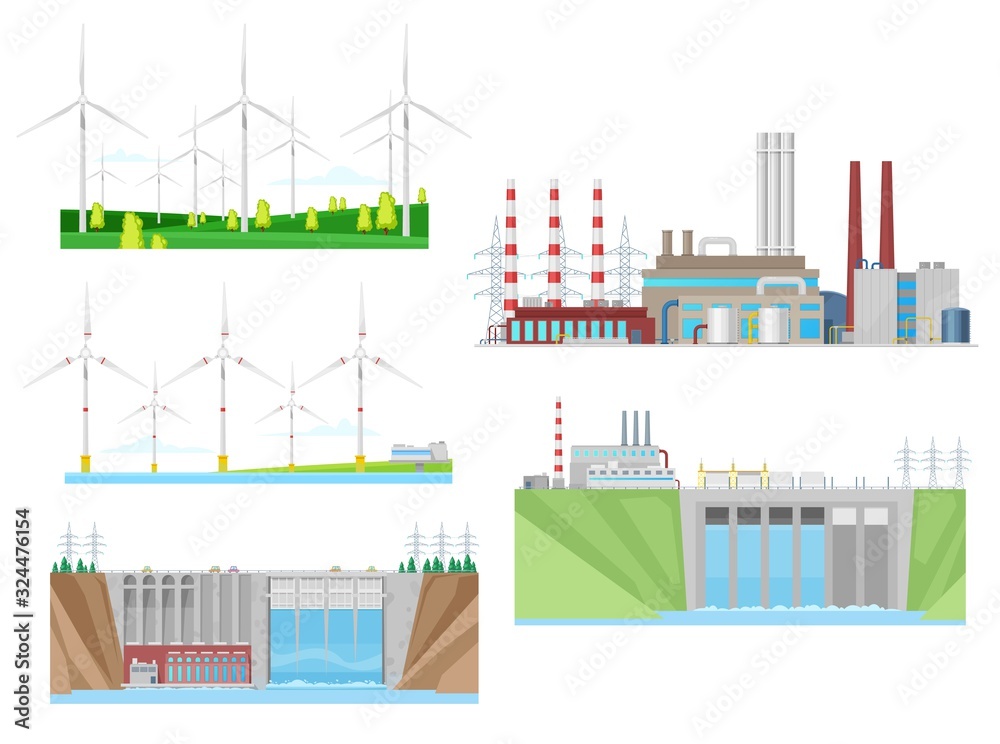 Power plants of wind, water and thermal energy generation vector icons of electricity industry design. Turbines, hydroelectric eco power plant and coal fired station with pipes and transmission towers