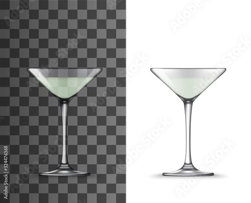 Cocktail glass 3d vector mockups of martini alcohol drink. Realistic templates of clear glassware or tableware with triangular bowls and tall stems, bar or restaurant drinkware design
