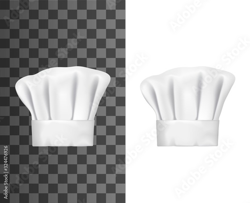 Chef hat or cook cap 3d vector mockups. White baker toque realistic design of professional uniform headwear of restaurant and cafe kitchen staff on transparent and white background