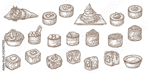 Japanese sushi sketches of Asian food vector design. Sushi rolls, maki and nigiri with fish, seafood, shrimp and seaweed, salmon temaki, caviar uramaki and tuna gunkan with wasabi and soy sauce