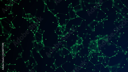 Abstract green digital background with cybernetic particles, geometric background with triangular cells. Green digital polygons on dark background. Plexus connected lines motion