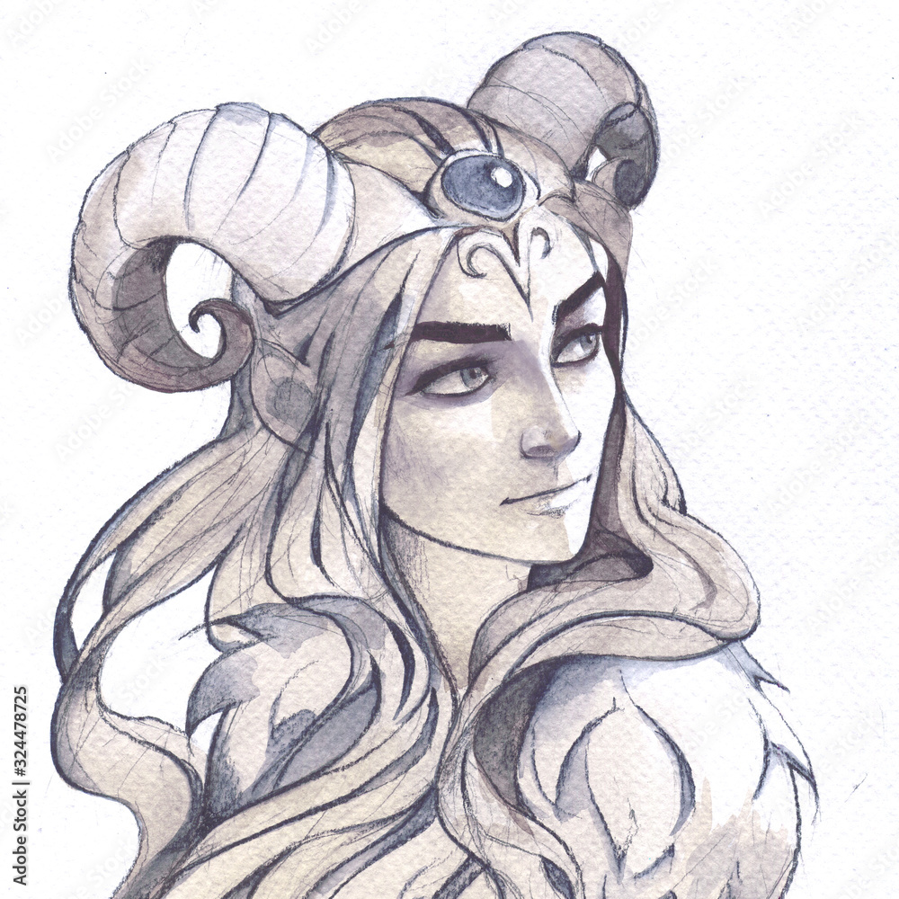 Watercolor illustration of a zodiac character, Aries, as a fantasy
