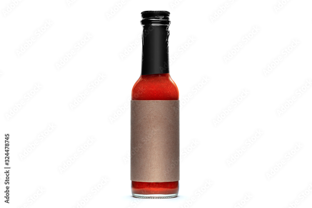 Red Hot Sauce Glass Bottle Brown Blank Label on White Background Stock