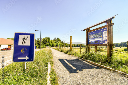 school bus stop sign on the road, photo as a background , in Navarra Aragon Zaragoza spain europe , roncisvalle camino de santiago city photo