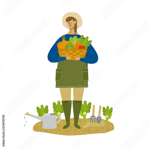 笑顔で野菜を収穫する女性（背景なし）