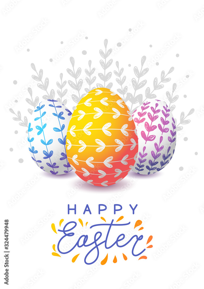 Easter greeting card with color decorated eggs on white background