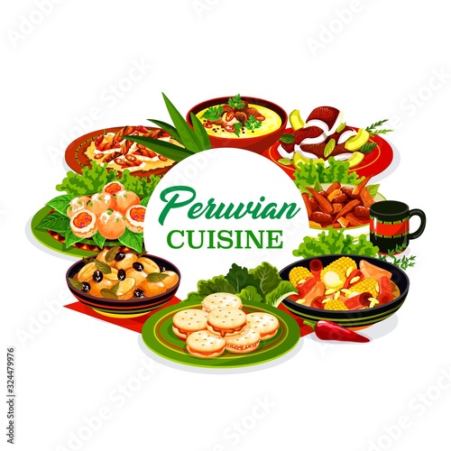 Peruvian cuisine meat and vegetable dishes with fish ceviche and dessert vector icon. Corn beef stew, grilled chicken salad and baked potato with olives, shrimp croquettes, oxtail soup and cookies