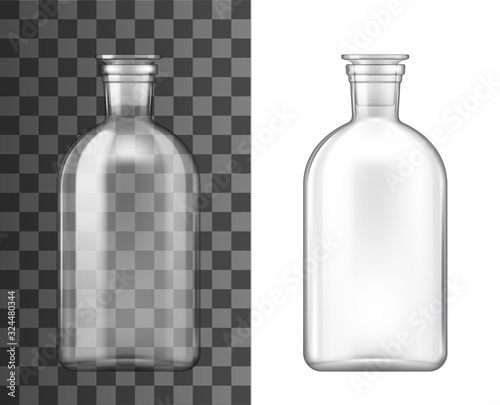 Bottle with glass stopper 3d mockups of laboratory glassware and chemistry science lab equipment vector design. Clear glass reagent jar, medical or pharmaceutical container realistic templates