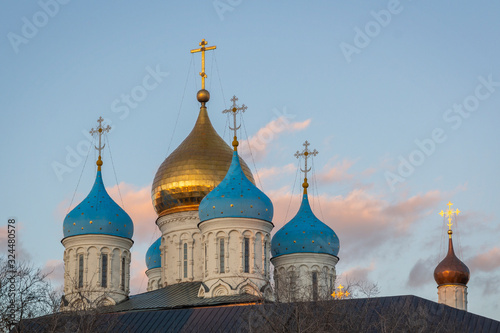Orthodox domes of the church at Novospassky convent (Novospassky monastery) in Moscow, Russia.