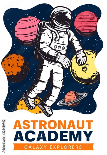 Astronaut in space with planets and stars vector design of galaxy exploration and astronomy science. Spaceman traveling in outer space with spacesuit and helmet, Moon, Saturn and Mars, Venus, Jupiter