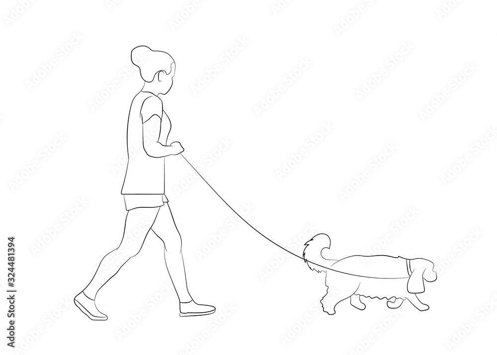 Young woman walking with pet dog. Dog walker. Friendship. Dog walking concept. Vector illustration. Outline silhouette. Young woman walking with pet dog. Dog walker. Friendship. Dog walking concept. Vector illustration. Outline silhouette.