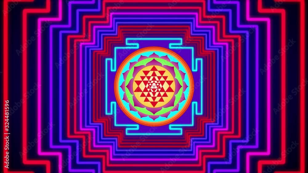Abstract Colorful Square Lines Geometric Tunnel Glowing Neon Light Pattern With And Without Sri Yantra Form Of Mystical Diagram Animation Seamless Loop