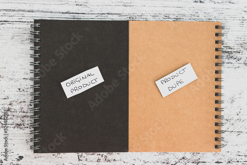 product imitation, Original Product vs Product Dupelabels on similar notebooks in different colors