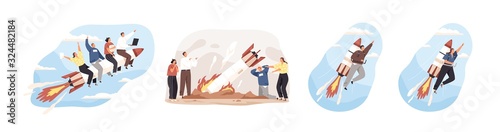 Various cartoon people moving top on rocket and crash set vector graphic illustration. Collection of successful team moving high isolated on white. Business motivation, fail and startup development