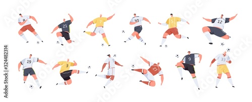 Cartoon male soccer players set vector graphic illustration. Collection of colorful sports man playing football hitting ball isolated on white. Active people kicking balls in different poses