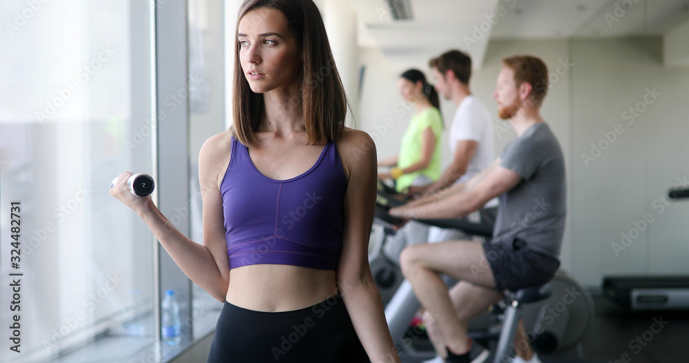 Beautiful woman doing exercises with dumbbell in gym. Girl is enjoying with her training process Beautiful woman doing exercises with dumbbell in gym. Girl is enjoying with her training process