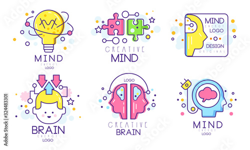 Creative Brain Original Logo Design Templates Collection, Mind Energy Colorful Badges Vector Illustration on White Background © topvectors