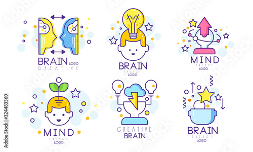 Creative Brain Original Logo Design Templates Collection Vector Illustration on White Background