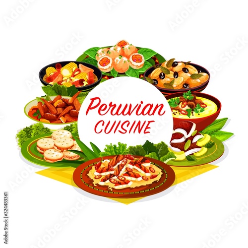 Peruvian food vector icon of meat, seafood and vegetable dishes with fish ceviche and milk cookies. Beef stew with corn and chilli, shrimp croquettes and chicken salad, baked potato and alfajores