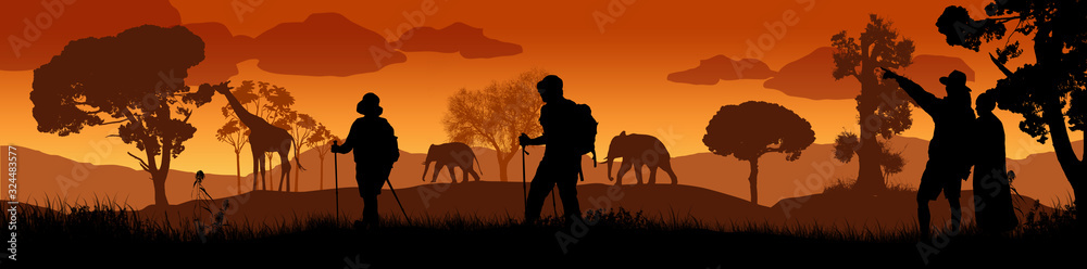 Beautiful sunset in savanna landscape with wild animals and travelers silhouette