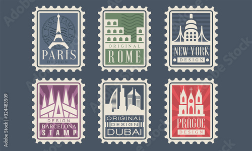 Collection of City Stamps from Different Countries with Architectural Landmarks, Paris, Rome, New York, Barcelona, Dubai, Prague Vector Illustration