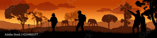 Beautiful sunset in savanna landscape with wild animals and travelers silhouette © Balint Radu